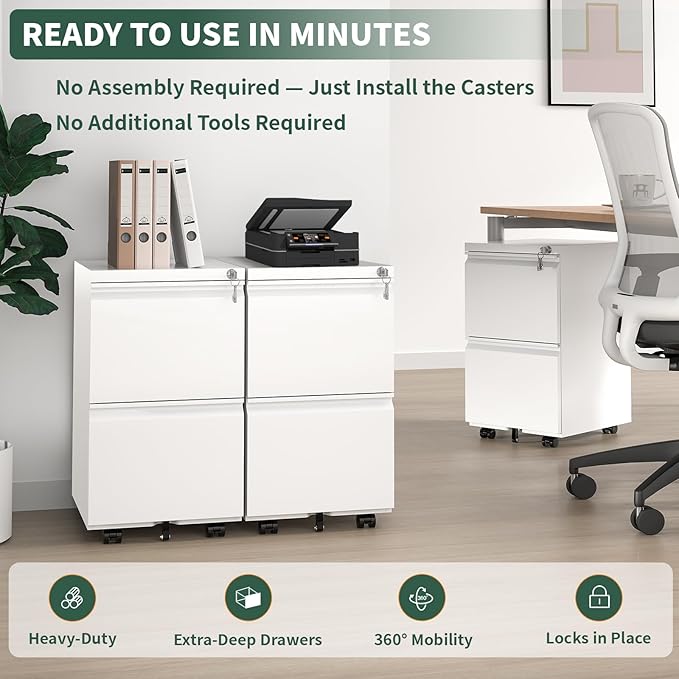2 Drawer File Cabinet with LockUnder Desk Rolling Small Filing Cabinet for Home Office Storage Mobile Steel Cabinets with Wheels Fully Assembled White