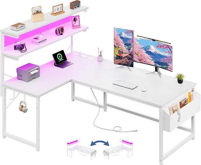 L Shaped Desk Computer Desk with LED Light &amp Power Outlet 53 Inch Reversible L Shaped Gaming Desk with Shelf &amp Storage Bag &amp Hook for Home Office White