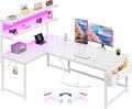 L Shaped Desk Computer Desk with LED Light &amp Power Outlet 53 Inch Reversible L Shaped Gaming Desk with Shelf &amp Storage Bag &amp Hook for Home Office White
