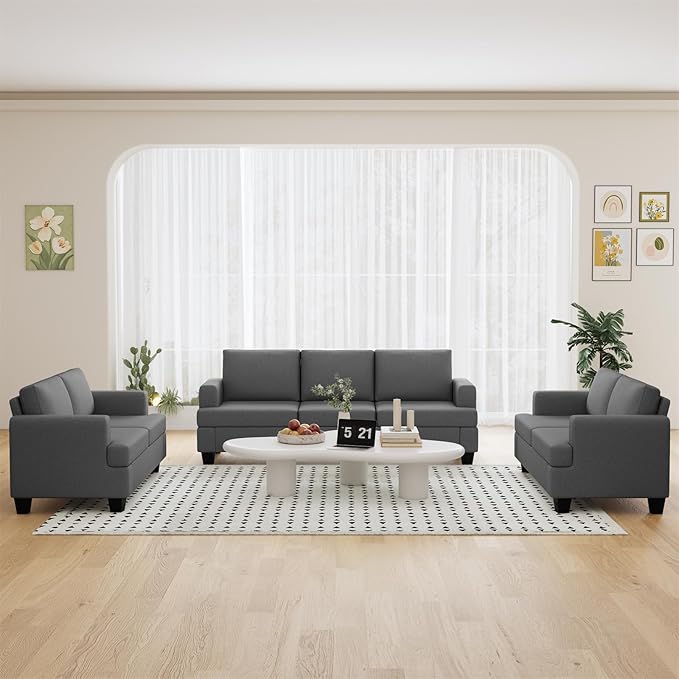 Furnimart Sectional Couches for Living Room Modern 2 Loveseats and 3 Seater Couch Deep Seat Sectional Sofa Set Comfy Fluffy Grey Couch with Removable Sofa Cover Dark Grey