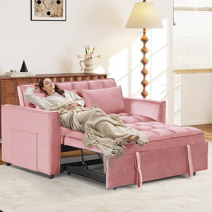 ANJ 3 in 1 Convertible Sofa Bed Pull Out Futon Loveseat Sleeper Sofa Couch with Adjustable Backrest Storage Pockets 2 Pillows for Living Room Bedroom