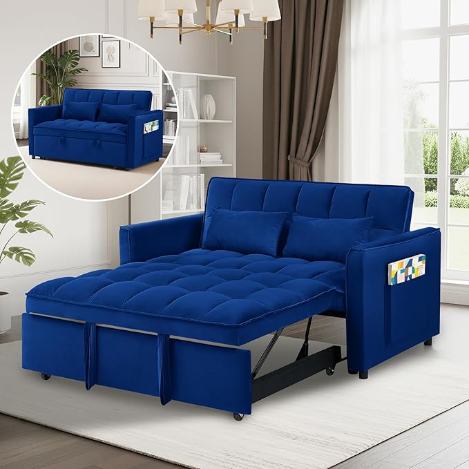 3 in 1 Convertible Sofa Bed Pull Out Couch with Adjustable Backrest Velvet Sleeper Sofa Loveseat with Pillows and Side Pockets for Living Room Bedroom Apartment Blue