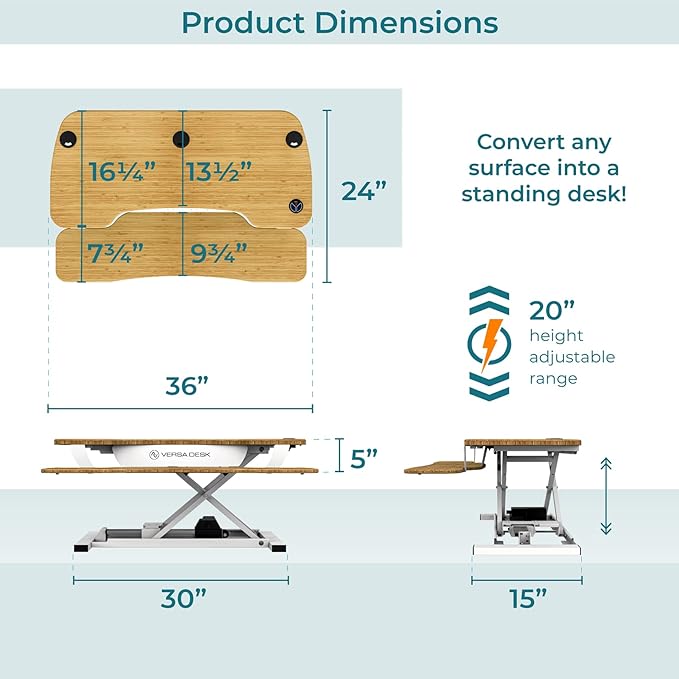 VERSADESK® PowerPro™ 36” x 24” Electric Sit-to-Stand Desk Converter w/Keyboard Tray for Home or Office | USB Charging Port | Supports Multiple Monitors | Lifts 80 lbs. - Natural Bamboo | White Base.