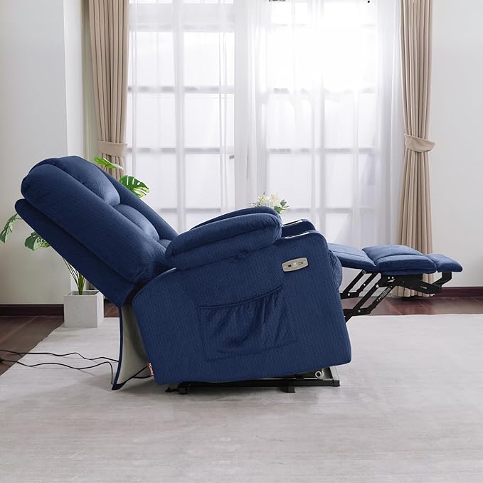 MCombo Oversized Power Lift Recliner Chair with Massage and Heat for Big and Tall Elderly People Cup Holders USB Ports Side Pockets Fabric R7541 (Navy Blue Large-Oversize)