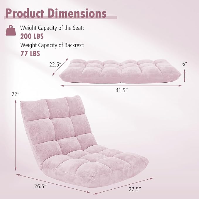 Moccha 14-Position Floor Sofa Folding Sofa Chair with Back Support Memory Foam Floor Gaming Chairs for Adults Adjustable Padded Couch Recliner Chaise Lounge for Reading Meditating (Light Pink)