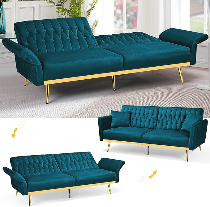 70” Velvet Futon Sofa Bed w/Adjustable Armrests and Backrest Convertible Futon Couch w/2 Pillows Modern Sleeper Bed for Living Room Bedroom Teal
