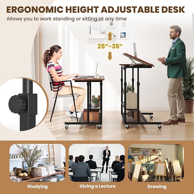 Giantex Mobile Standing Desk Adjustable Rolling Computer Desk w/Tilting Desktop &amp Storage Shelves PC Laptop Table Small Compact Desk on Wheels for Small Space Living Room &amp Bedroom (Rustic