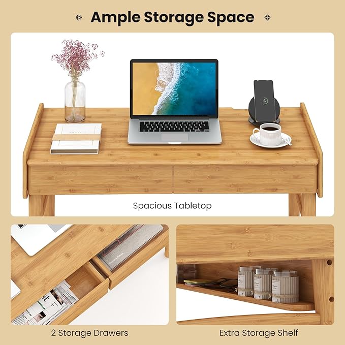 Giantex Computer Desk 39.5 Bamboo Home Office Desk with 2 Storage Drawers and Open Shelf Makeup Table Vanity Desk Modern Writing Desk Computer Workstation for Bedroom Study Natural