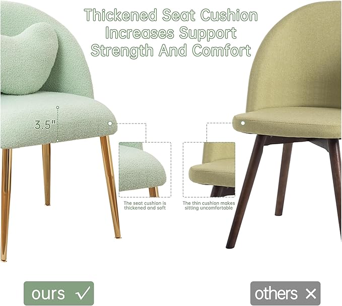 Vanity ChairAccent Makeup Comfy Cute Desk Girls Fluffy Chairs for Bedroom No Wheels Gold Metal Legs Stool (Teddy Green)