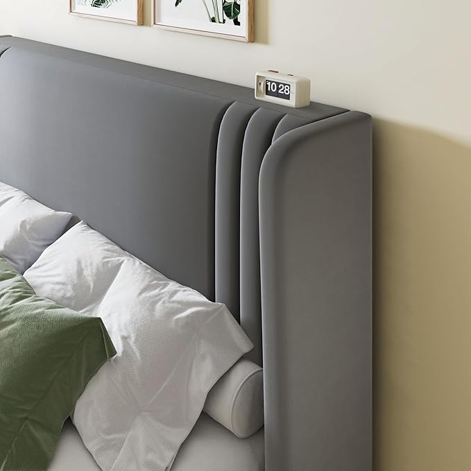 Allewie Queen Size Velvet Platform Bed Frame with Vertical Tufted Wingback Headboard Easy Assembly Under Bed Storage No Box Spring Required Modern Style Grey