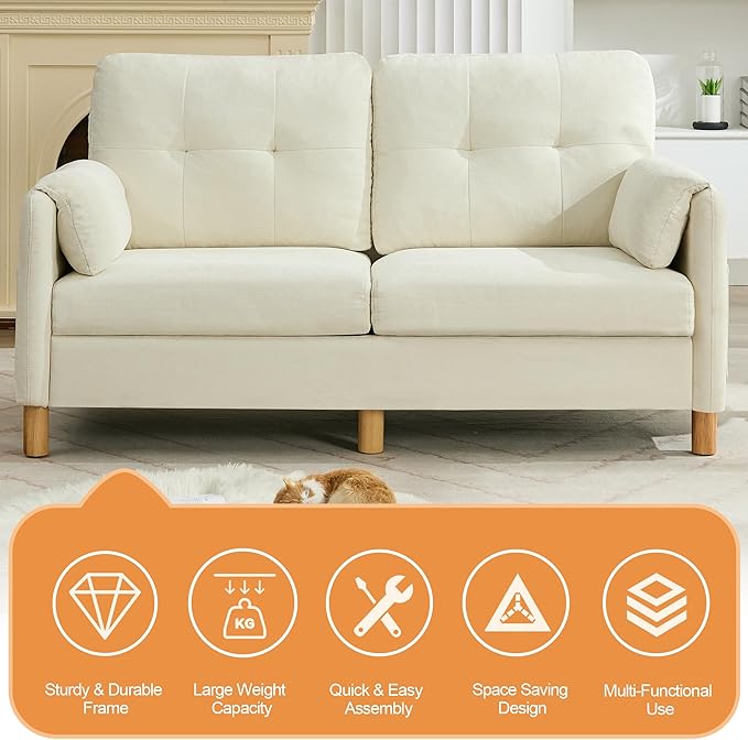 65 Chenille Loveseat Sofa Modern 2-Seater Love Seat Couch with Armrest Pillows Storage Pockets Easy Assembly Upholstered Tufted Loveseat Sofa Couches for Living Room Bedroom Beige