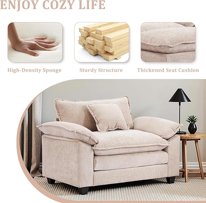 Oversized Accent Chair with OttomanOversize Chair Chenille Sofa with ArmrestsComfy Living Room Sofa with Deep Seat &amp PillowsOversized Reading Accent Chairs Couch Lounge for Bedroom (Khaki)