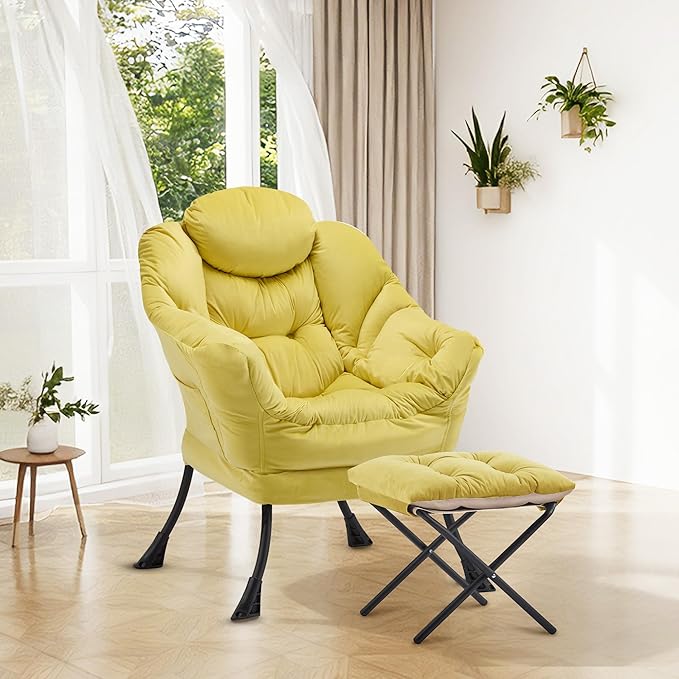 Lazy Chair with OttomanOversized Accent Chair with Thick Cushion Side PocketModern Lounge Arm Reading Chair and Folding Footrest for Living RoomBedroomOfficeDormApartment Yellow