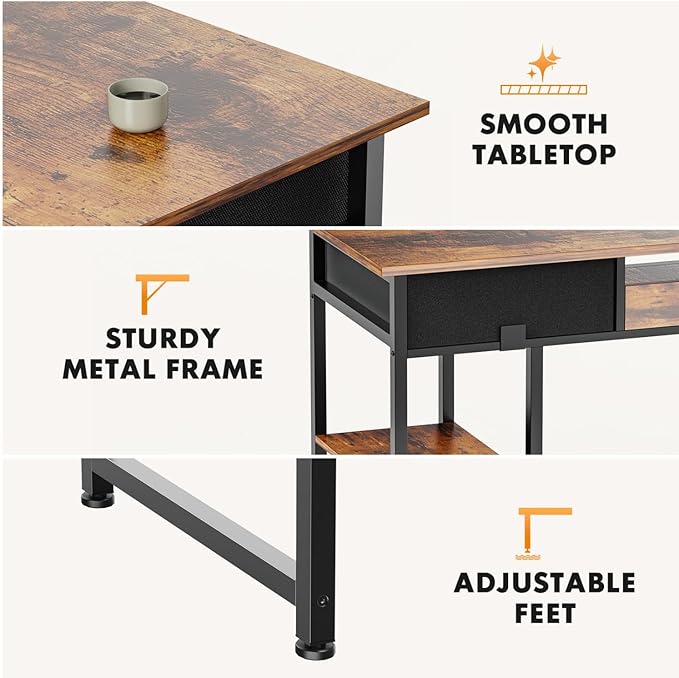 47 Inch Computer Desk with 2 Drawers Home Office Desk with Wooden Shelves Study Writing PC Table for Small Spaces Bedroom Dorm or Living Room Rust