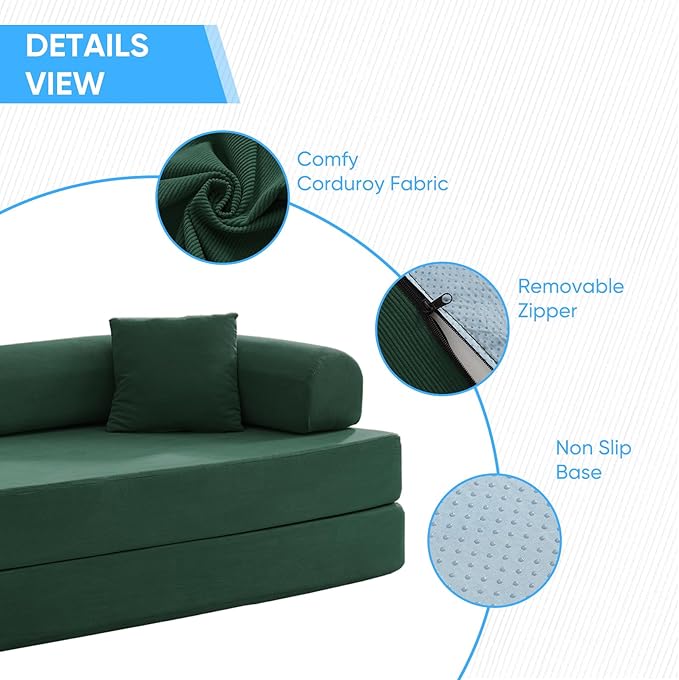 Mjkone 78.7 W Convertible Folding Mattress Couch with Armrest Corduroy Floor Sofa Bed with Metal Fixed-Shape Frame 5-in-1 DIY Futon Lazy Sofa Cama Lounge Couch for Living Room Bedroom Studio Green