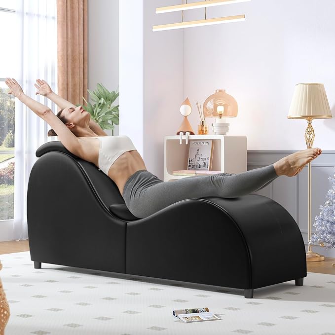 BALUS 60'' Yoga Chairs Curved Chaise Lounge Chair for Adults Stretching Exercising Relaxing Ergonomically Designed Yoga Sofa Lounges Chair with Head Cushion for Living Room Bedroom Black