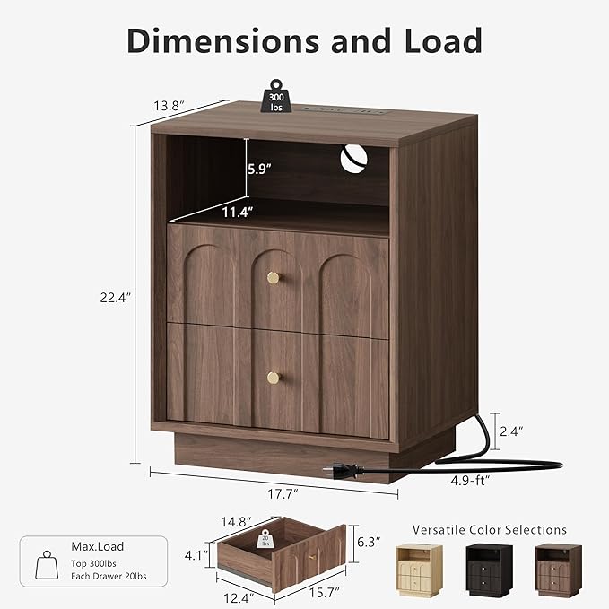 Nightstand with Charging Station Mid Century Modern Nightstand with Arched Design Minimalist End Table with Wood Grain Texture Bedside Table for Bedroom Living Room Sofa Office Walnut