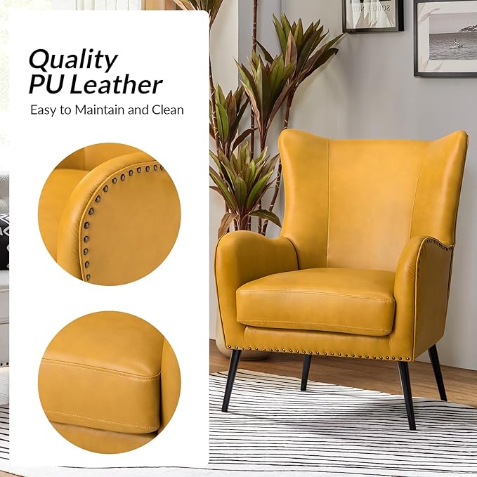 Upholstered Faux Leather Accent Chair with Black Metal Legs Comfy Armchair with Removable Cushion &amp Nailhead Trim Wingback Vanity Chair for Reading Living Room Bedroom