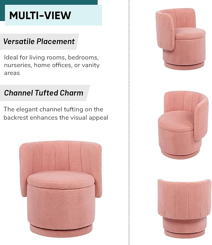 JOYBASE Swivel Accent Chair with Storage Set of 2 Swivel Barrel Accent Chair - Upholstered Boucle Fabric - for Bedroom Nursery Makeup Living Room (Pink)