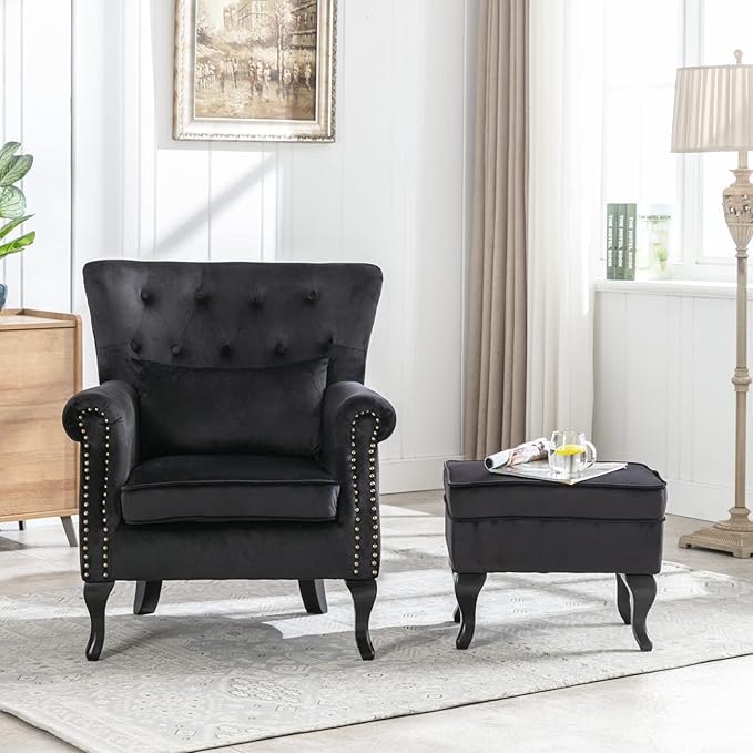 Mid Century Modern Accent Chair Upholstered Armchair Comfy Velvet Tufted Wingback Single Sofa with Ottoman for Bedroom Living Room Black