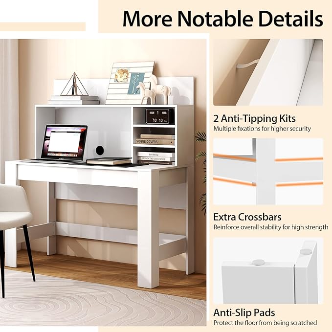 Giantex White Desk with Hutch Home Office Desk with Bookshelf Computer Workstation PC Laptop Table with Anti-Toppling Device &amp Cable Hole Modern Study Writing Desk for Small Spaces Bedroom
