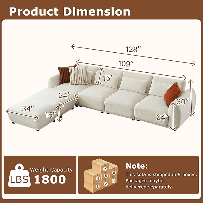 U Shaped Cloud Sectional Convertible L Shaped Couch with Removable OttomansModular Cloud Couch Sectional for Living Room(4 Set + 2 Ottomans - White)