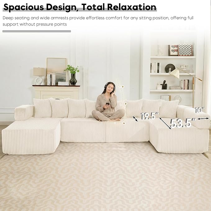 Oversized Cloud Boneless Couch 146 Modular Sectional Sofa with Deep Seat Chaise Fluffy U Shaped Couches for Living Room Comfy Plush Corduroy Sofa with 8 Pillows No Assembly Beige White
