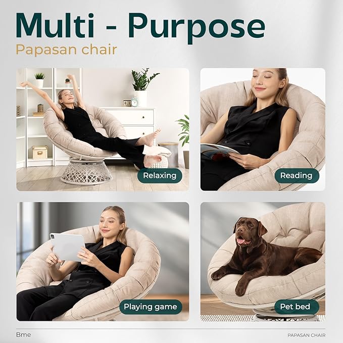Bme 40 Ergonomic Wicker Papasan Chair with Soft Thick Cushion &amp Frame 360° Swivel Circle Reading Comfy Chair for Living Room Bedroom