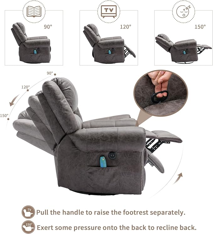 Manual Massage Swivel Rocker Recliner with Heat and Vibration 360° Swivel Glider Rocking Recliner Chair Classic Living Room Lounge Recliners with Side Pockets &amp USB Ports Grey