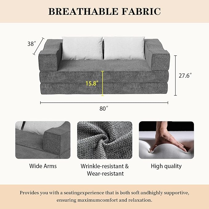 80 King Size Convertible Sofa Bed Sleeper Foldable Futon Couch with Memory Foam &amp 2 Pillows Chenille Fabric Modular Loveseat for Small Spaces Apartment Living Room Studio (Gray 80in)