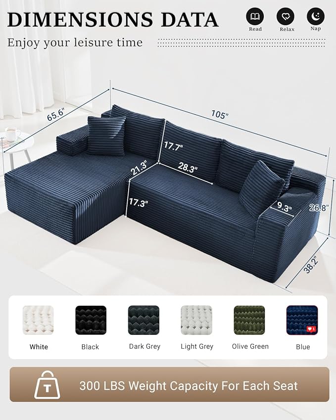 105 Inch Cloud Sectional CouchModern Modular Sectional Sofa with Deep SeatCorduroy Boneless Couches with L-Shape Chaise for Living Room BedroomNo Assembly Required (Blue Left Facing Chaise)