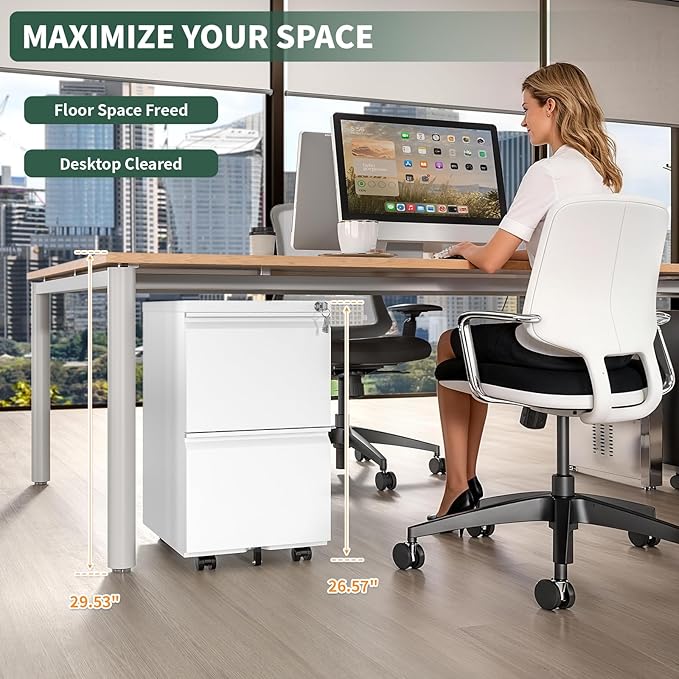 2 Drawer File Cabinet with LockUnder Desk Rolling Small Filing Cabinet for Home Office Storage Mobile Steel Cabinets with Wheels Fully Assembled White