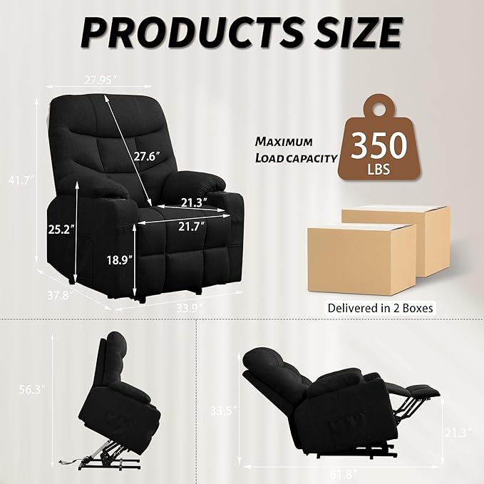 Power Recliner Chair with Massage and Heating Electric Recliner Chair for Elderly and Adults Power Lift Recliner with Remote Control and Cup Holders for Living Room Linen Fabric Black