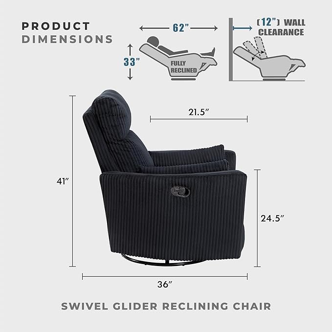 Lexicon Modern Swivel Glider Recliner Chair Nursery Glider Corduroy Fabric Upholstery Recliner with 2 Lumbar Pillows Manual Reclining Sofa Chair for Living Room/Office/Apartment Black