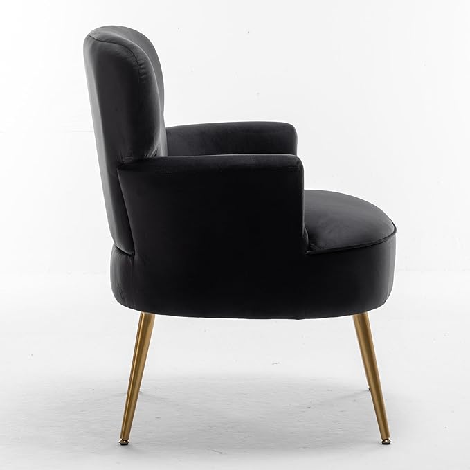 Trendy Velvet Accent Chair with Gold Metal Legs Upholstered Armchair for Small to Mid-Size Spaces Modern Living Room Bedroom Vanity Desk and Entryway Black