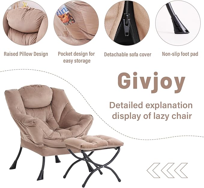 Lazy Chair and Ottoman Large Velvet Brown Accent Chair with a Side Pocket Modern Leisure Upholstered Sofa Reading Armchair with Footrest for Office Bedroom Living Room Dorm Rooms Balcony