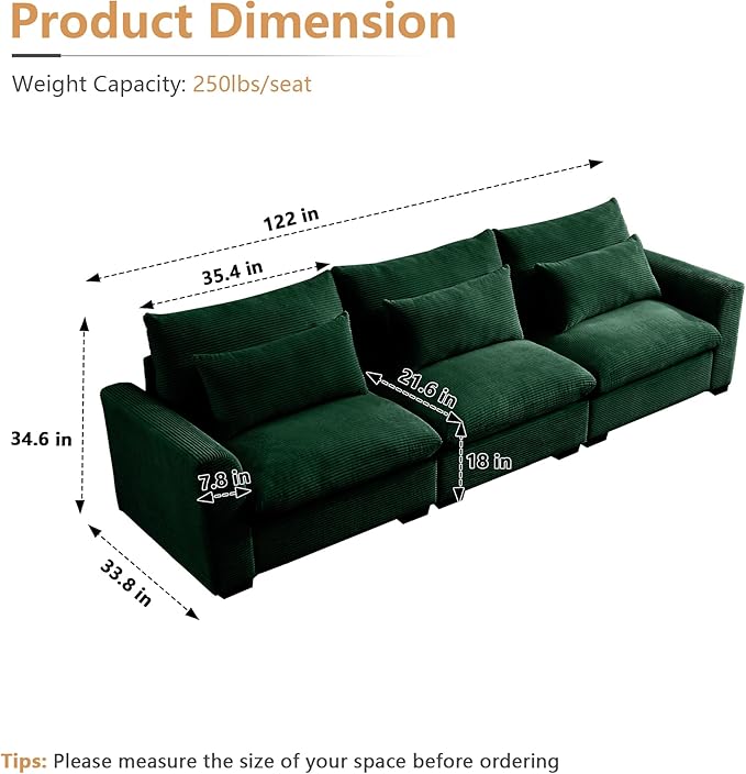 Oversized Modular Sectional Sofa 122 Inch Corduroy Deep Seat Upholstered Sofa 3 Seater Comfy Cloud Couch with Waist Pillow for Living Apartment Green