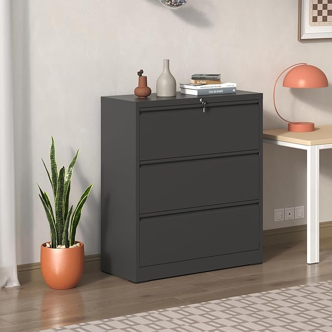 3 Drawer Small File Cabinet with Lock - Heavy Duty Metal Filing Cabinet for Home Office Under Desk Storage Drawer Organizer with Locking DrawersBlack