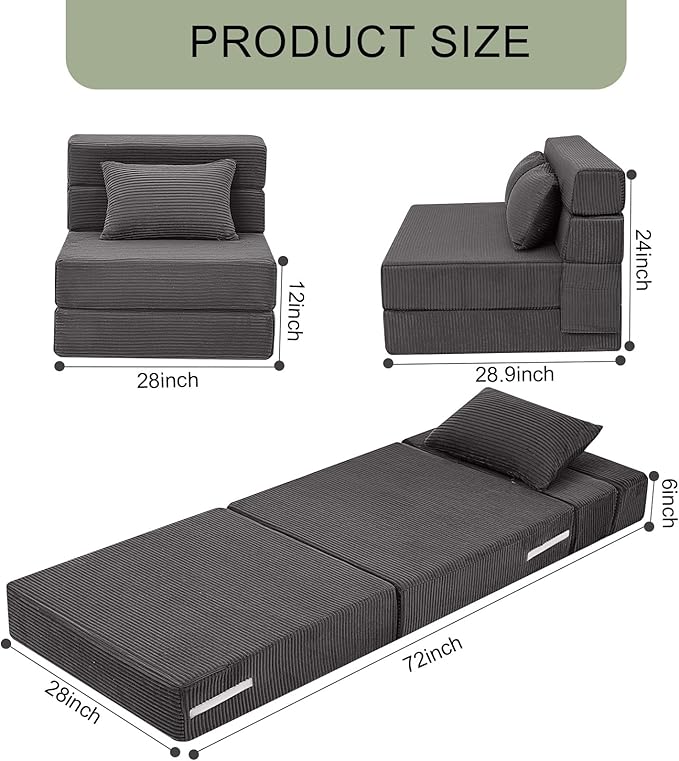 MeMoreCool Boneless Folding Chair Bed – Dark Grey Corduroy Single Sleeper Sofa 4-in-1 Convertible Futon Couch with Pillow Compact Fold-Out Floor Mattress with Washable Cover for Bedroom Guest Room