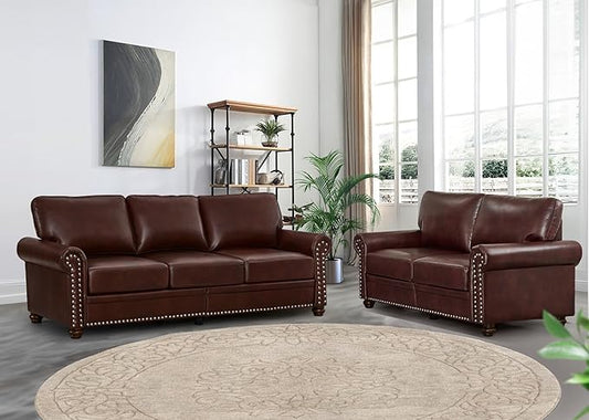 2 Piece Faux Leather Sofa SetModern Couch and Loveseat Sets with StorageMid Century Couch with Rivet Rolled ArmComfy Deep Seat SofaFurniture for Living RoomOffice(Loveseat+3 SeaterBurgundy)