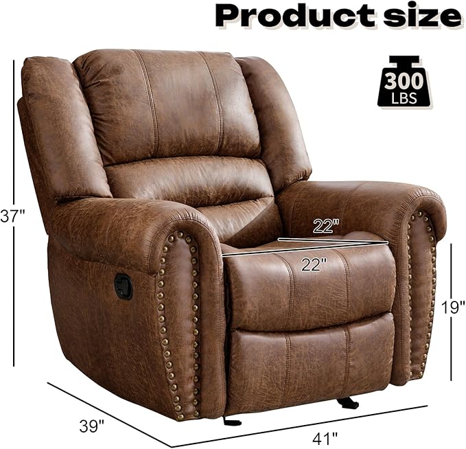 CANMOV Rocker Recliner Chair Leather Recliner Chair with Overstuffed Backrest and Armrests Manual Single Sofa for Living RoomBedroom Nut Brown