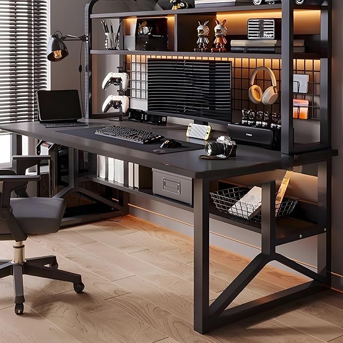LITFAD Rectangular Wooden Office Desk with Chair Modern Computer Desk with Metal Frame and Bookshelf Writing Desk for Home Office - 2 Piece Set Black 47.2 L x 23.6 W x 59.1 H Desk with 1 Chair
