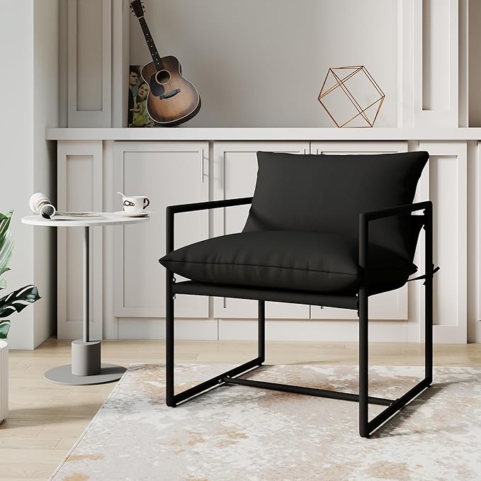 Modern Accent Chair with Arms Comfortable Living Room Seating Square Metal Frame Soft Upholstered Cushion Sponge Filling Easy to Assemble Black