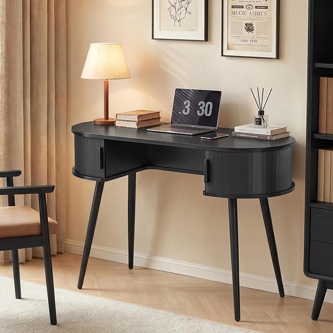 AVZEAR 43 Oval Fluted Home Office Desk Small Computer Desk Mid Century Modern Vanity Table with Sliding Tambour Door Wooden Writing Study Desk for Small Spaces Bedroom Office(Black)