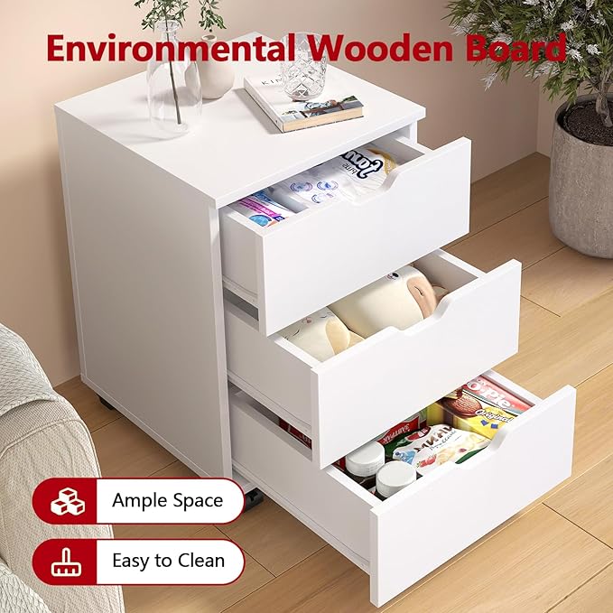 3 Drawer File Cabinet with Wheels Heavy-Duty Steel Rolling Drawer Cabinet Under Desk Filing Cabinet for Home Office Storage 15.74 W x 15.74 D x 22.16 H (White)