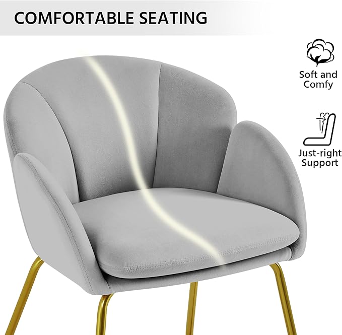 Yaheetech Velvet Dining Chair Flower Shaped Armchair with Golden Legs Upholstered Side Chair for Kitchen Dining Room Living Room Set of 2 Gray
