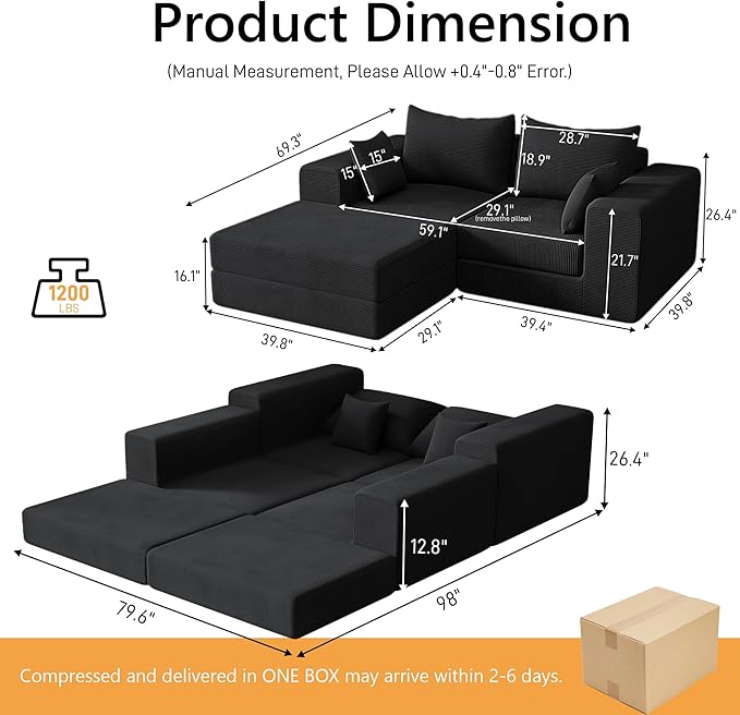 Modern Small Boneless Couch Convertible Modular Sectional Sleeper Sofa Bed Corduroy Memory Foam Cozy Modular Cloud Couch L-Shaped Cloud Sofa for Living Room No Assembly Black