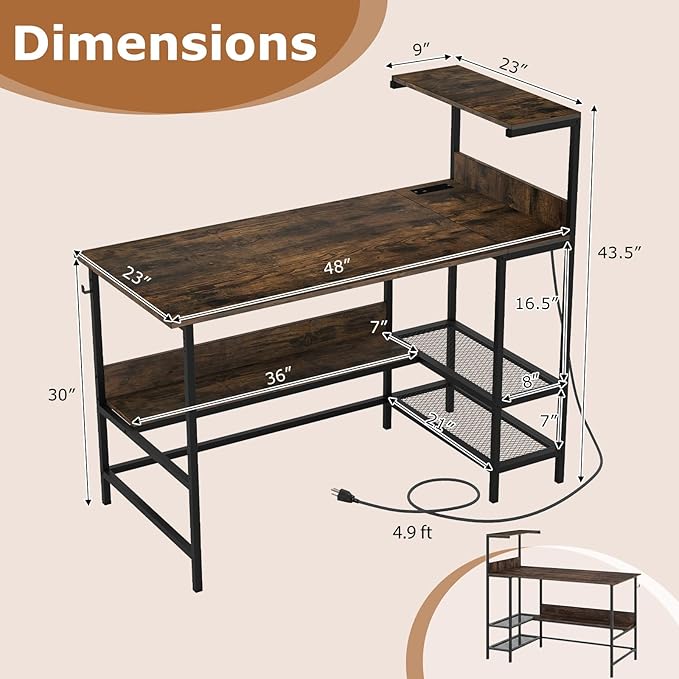 Giantex 48 Computer Desk with Charging Station Reversible Writing Desk with Storage Shelves &amp Headphone Hook Small Gaming Desk Industrial Computer Workstation for Home Office (Rustic Brown)