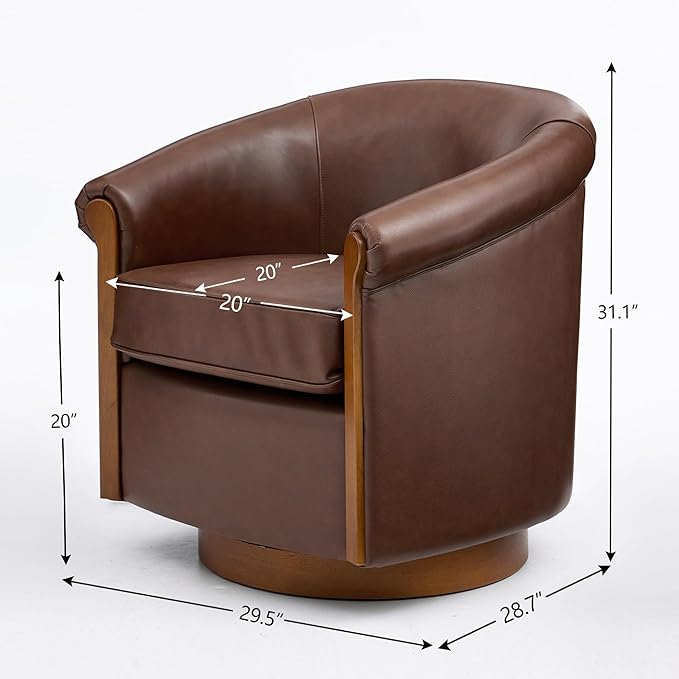 Genuine Leather Seat Swivel Barrel Chair Accent Chair with PVC Exterio &amp Wood Base - Upholstered Lounge Chair for Living Room Home Office Bedroom (Brown)