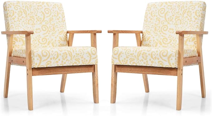 2PCS Yellow Floral Accent Chair Armchair Upholstered Lounge Chair With Soft Thick Cushion Ergonomic Armrest Non-Slip Foot Pads Rubberwood Construction Suitable For Living Room Study Balcony Office Use